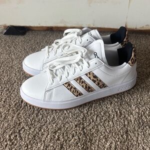 Adidas White and Leopard Pattern Sneakers